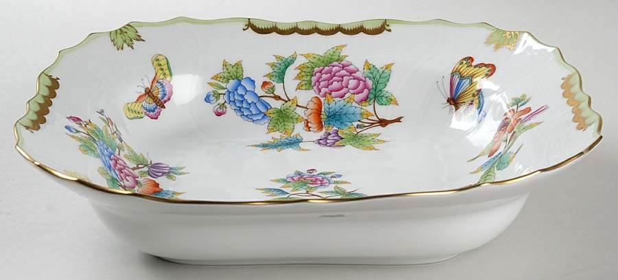 Queen Victoria (Green Border) 10" Large Square Fruit Bowl by Herend-1