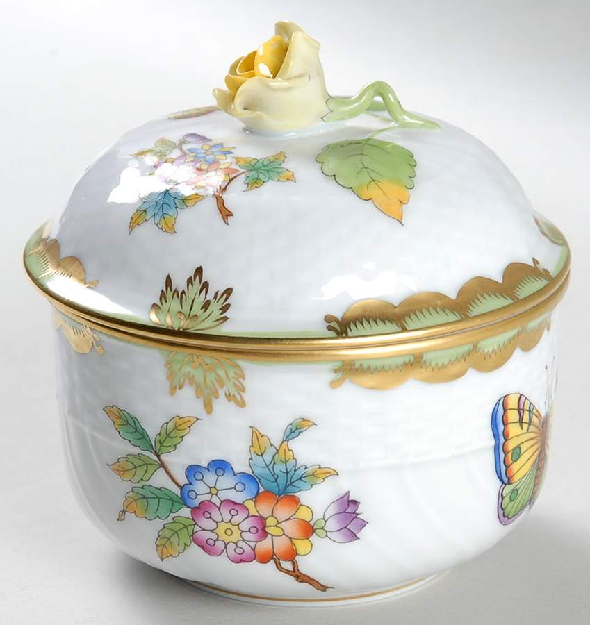 Queen Victoria (Green Border) Mini Sugar Bowl & Lid by Herend-1