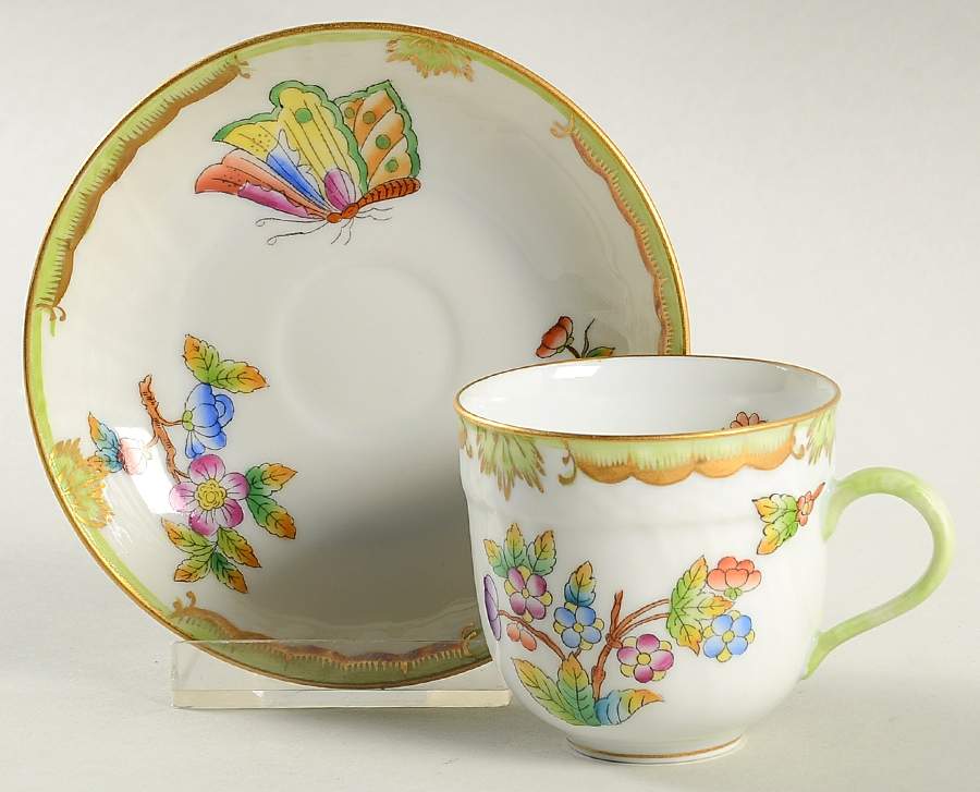 Queen Victoria (Green Border) Flat Demitasse Cup & Saucer Set by Herend-1