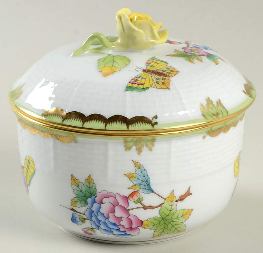 Queen Victoria (Green Border) Sugar Bowl & Lid by Herend-1