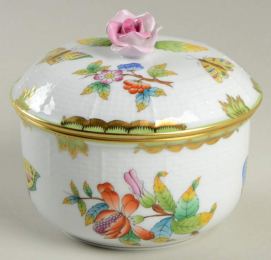 Queen Victoria (Green Border) Sugar Bowl & Lid by Herend-1