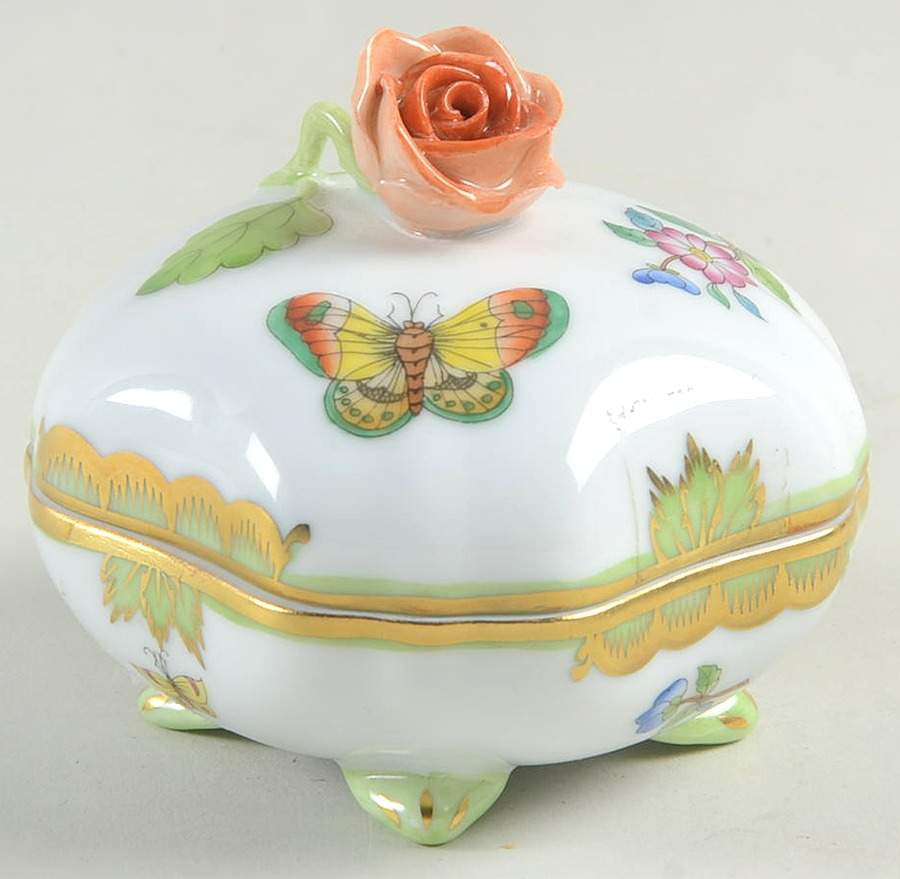 Queen Victoria (Green Border) Bon Bon & Lid by Herend-1