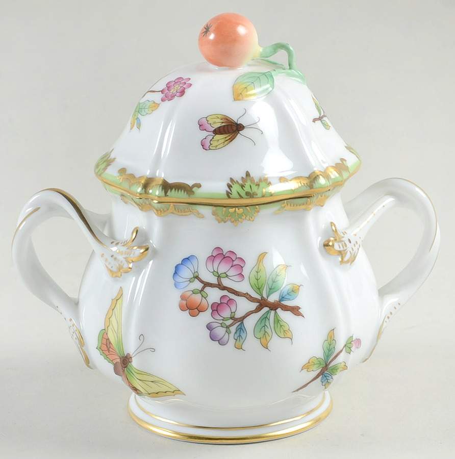 Queen Victoria (Green Border) Sugar Bowl & Lid by Herend-1