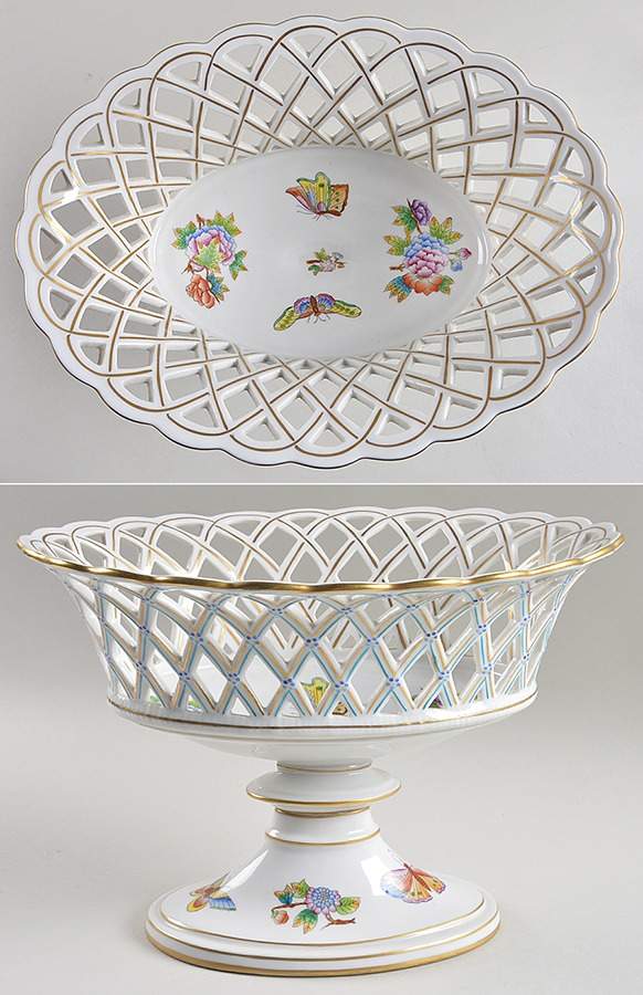 Queen Victoria (Green Border) 11" Oval Openwork Basket w/Pedestal Base by Herend-1