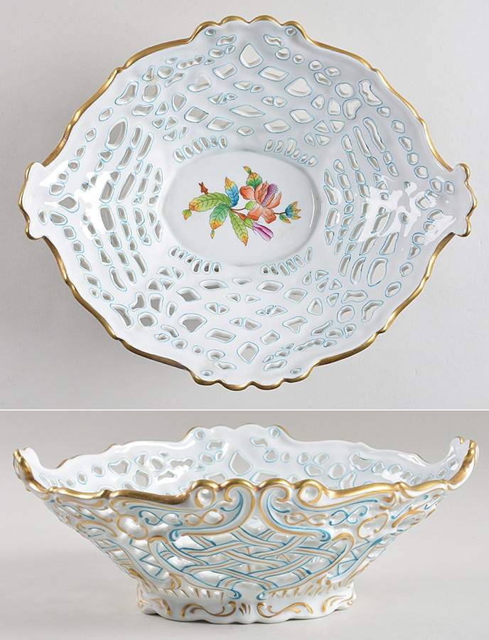 Queen Victoria (Green Border) 9" Oval Pierced Basket by Herend-1