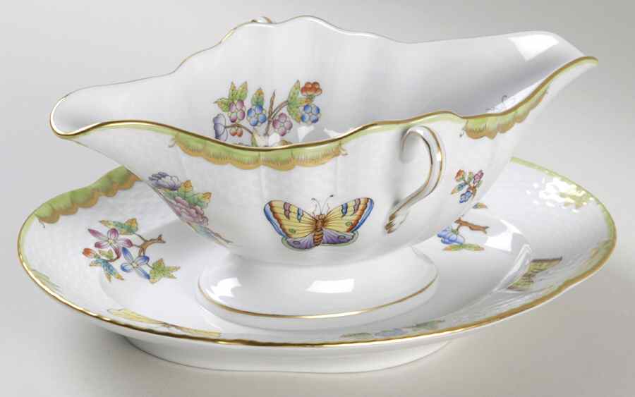 Queen Victoria (Green Border) Gravy Boat with Attached Underplate by Herend-1