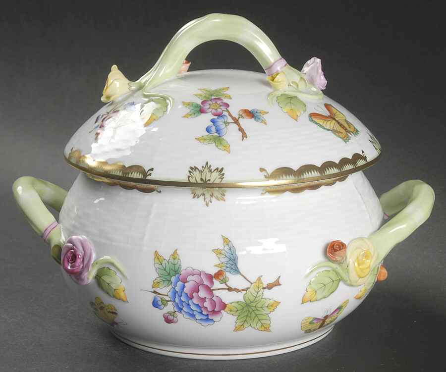 Queen Victoria (Green Border) Bean Pot & Lid by Herend-1