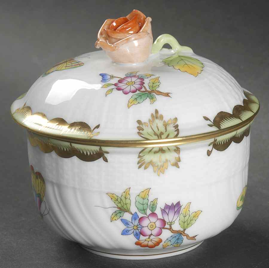 Queen Victoria (Green Border) Mini Sugar Bowl & Lid by Herend-1