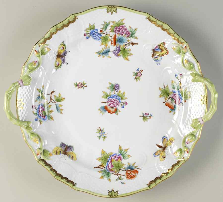 Queen Victoria (Green Border) 15" Handled Chop Plate (Round Platter) by Herend-1