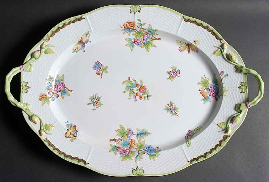 Queen Victoria (Green Border) 20" Oval Handled Serving Platter by Herend-1