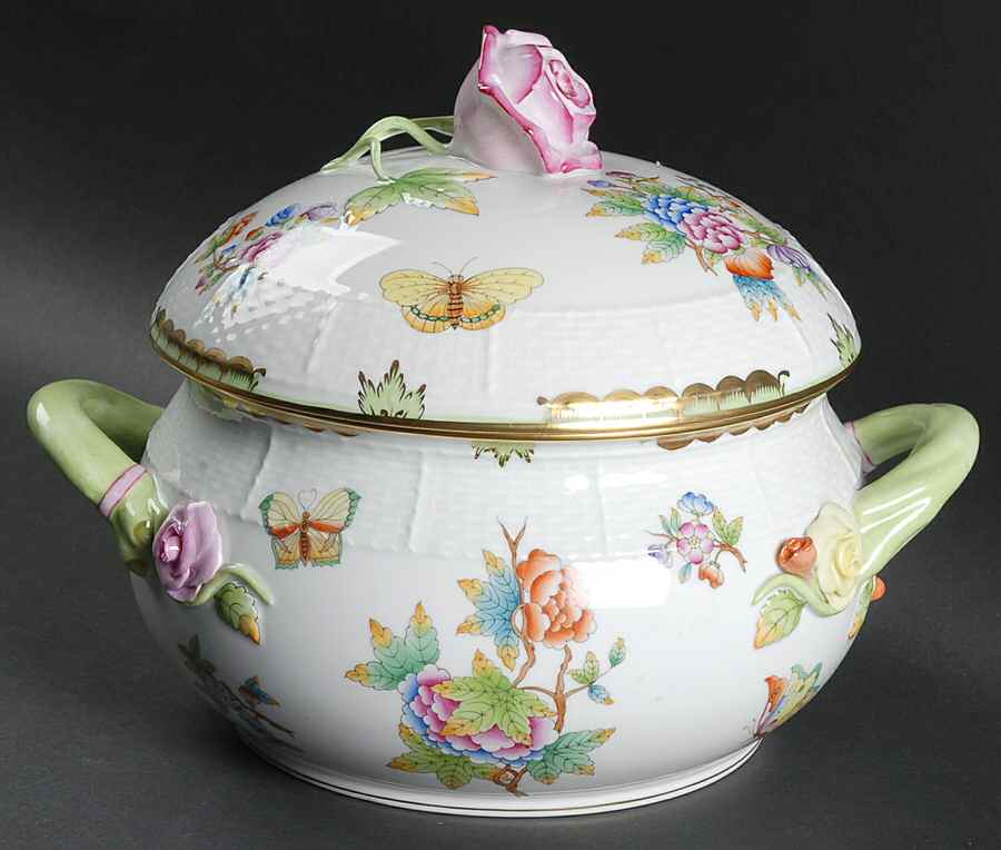 Queen Victoria (Green Border) Round Covered Vegetable by Herend-1