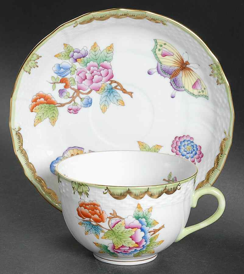 Queen Victoria (Green Border) Flat Cup & Saucer Set by Herend-1