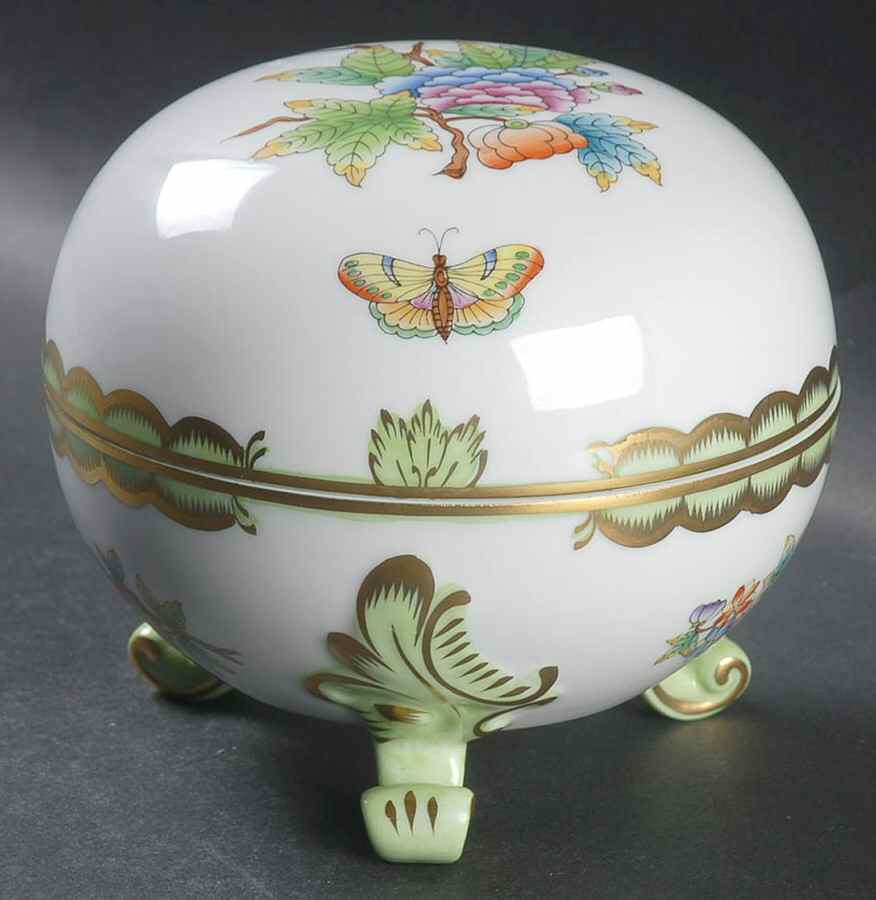 Queen Victoria (Green Border) 4" Round Bon Bon & Lid by Herend-1
