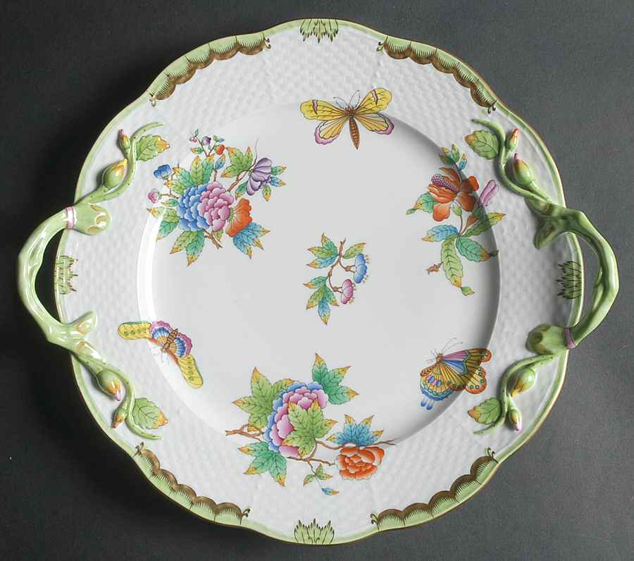 Queen Victoria (Green Border) 12" Handled Chop Plate (Round Platter) by Herend-1