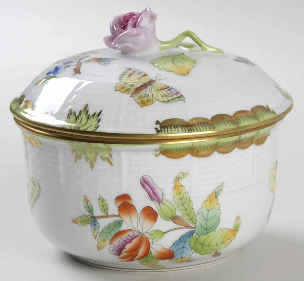 Queen Victoria (Green Border) Sugar Bowl & Lid by Herend-1