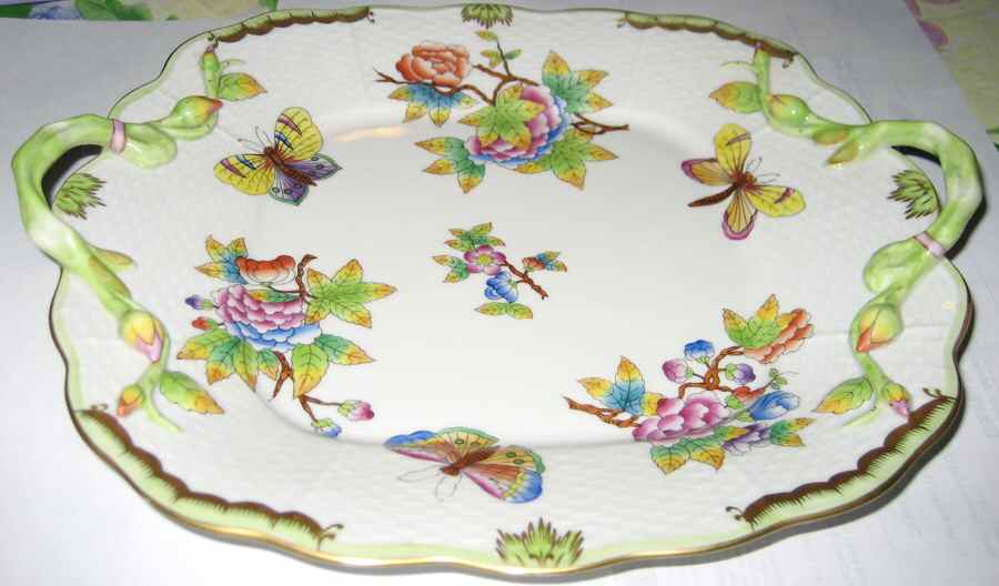 Queen Victoria (Green Border) Square Handled Cake Plate by Herend-1