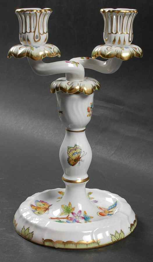 Queen Victoria (Green Border) 9" Double Light Candlestick W/Wire Hole by Herend-1