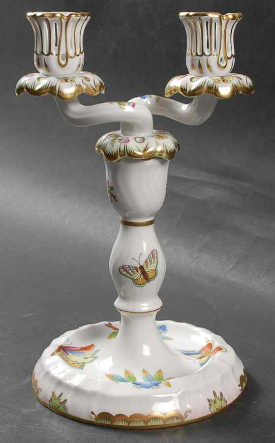 Queen Victoria (Green Border) 9" Double Light Candlestick by Herend-1