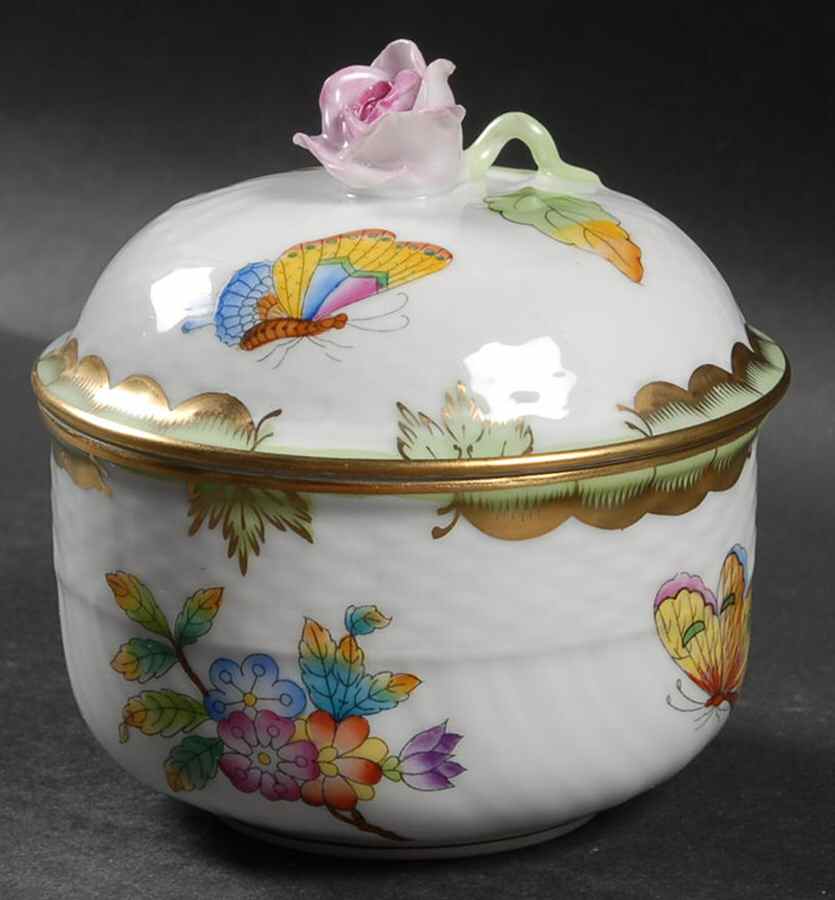 Queen Victoria (Green Border) Sugar Bowl & Lid by Herend-1