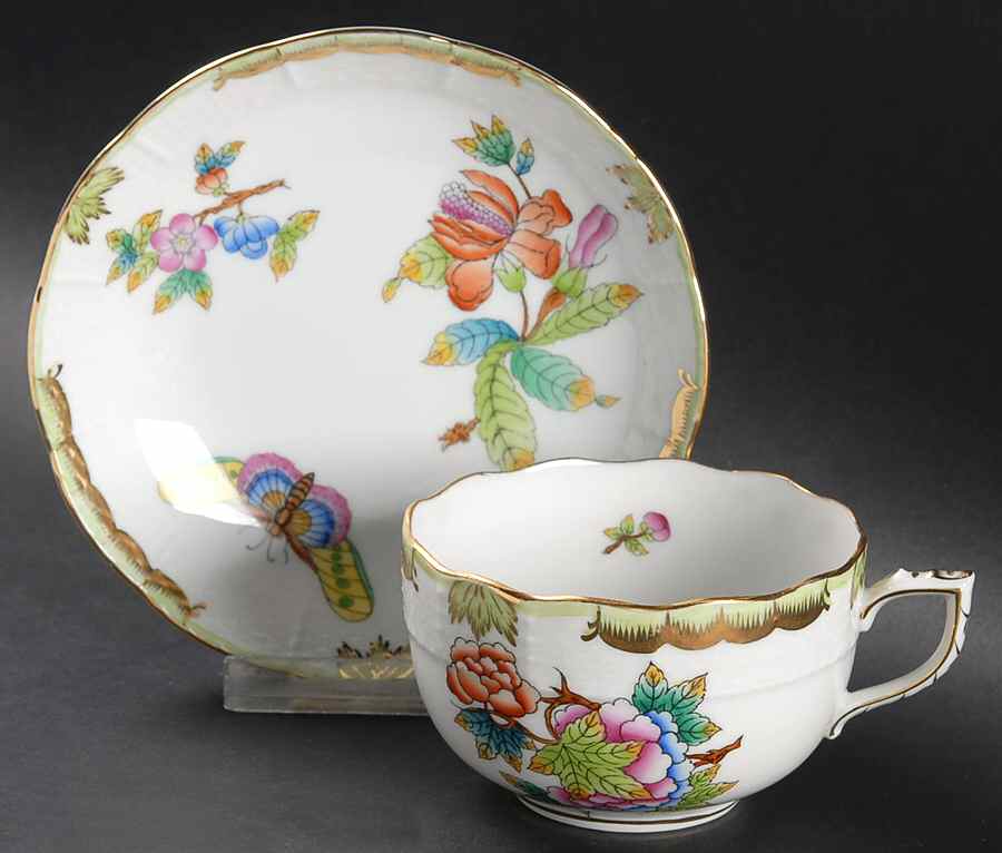 Queen Victoria (Green Border) Flat Cup & Saucer Set by Herend-1