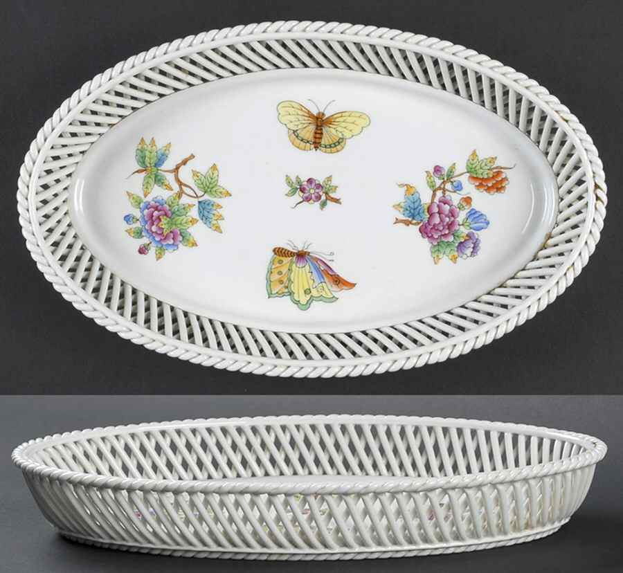 Queen Victoria (Green Border) 10" Oval Open Weave Basket by Herend-1