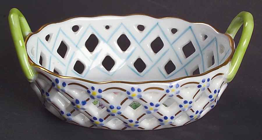 Queen Victoria (Green Border) Small-Handled Open Weave Basket by Herend-1
