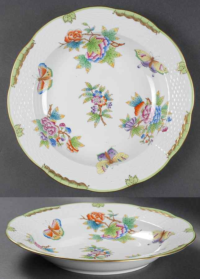 Queen Victoria (Green Border) Large Rim Soup Bowl by Herend-1