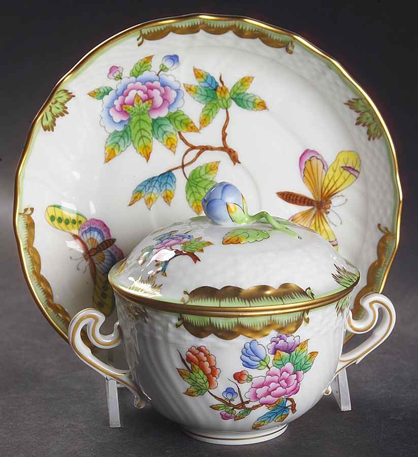 Queen Victoria (Green Border) Cream Soup Bowl & Saucer Set with Lid by Herend-1