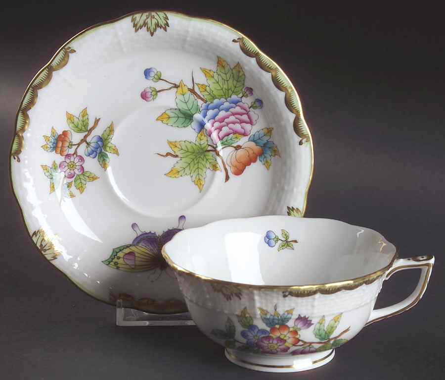Queen Victoria (Green Border) Footed Cup & Saucer Set by Herend-1