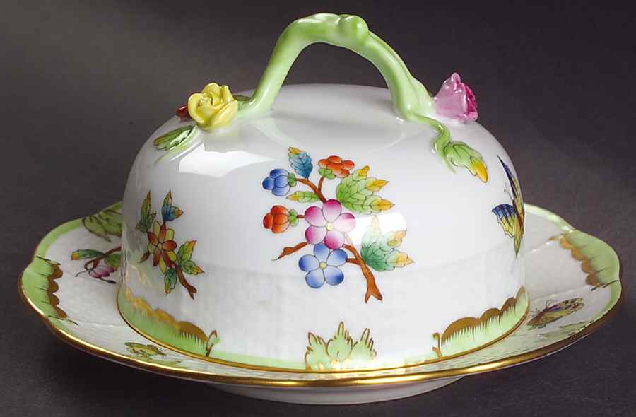 Queen Victoria (Green Border) Round Covered Butter by Herend-1