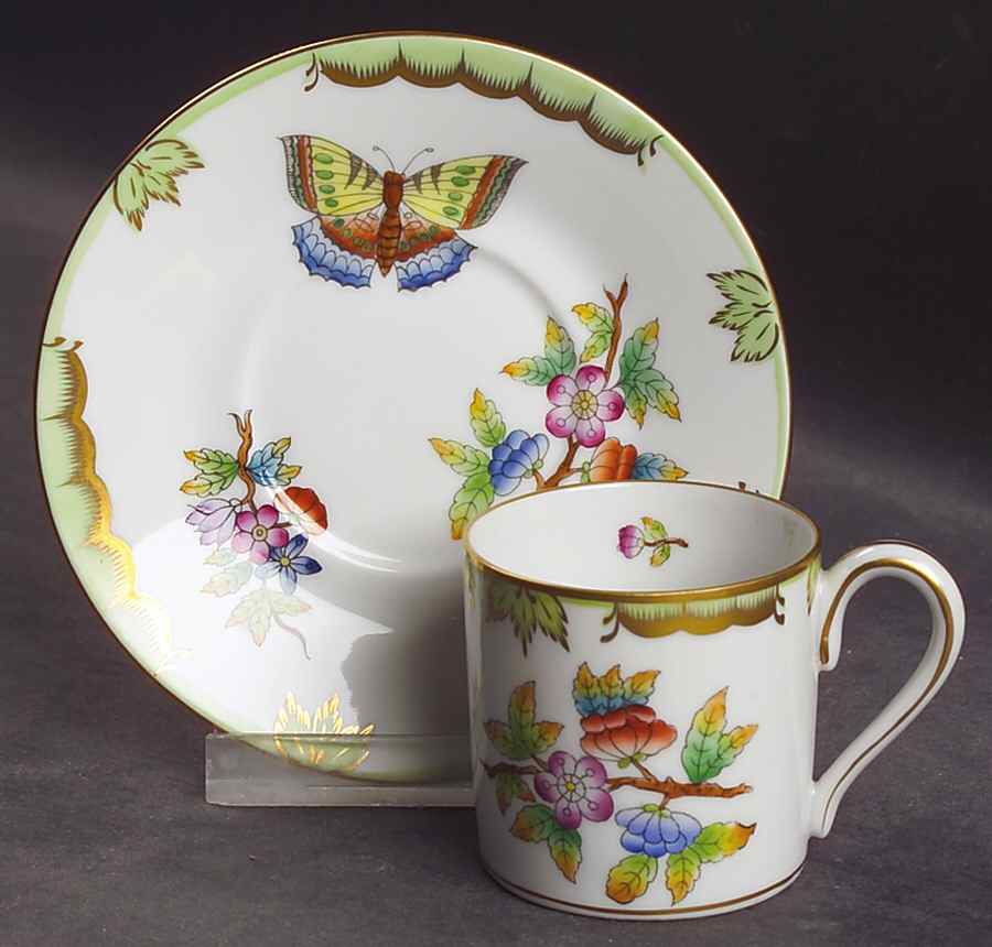 Queen Victoria (Green Border) Flat Demitasse Cup & Saucer Set by Herend-1