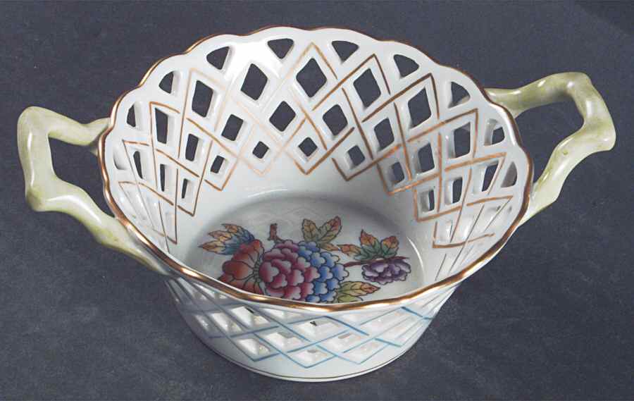 Queen Victoria (Green Border) 7" Handled Open Weave Basket by Herend-1