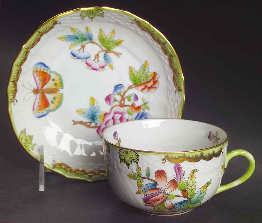Queen Victoria (Green Border) Flat Cup & Saucer Set by Herend-1