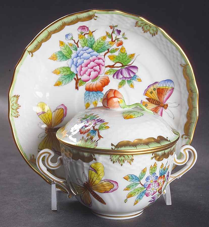 Queen Victoria (Green Border) Cream Soup Bowl & Saucer Set with Lid by Herend-1