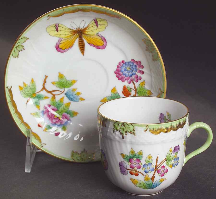 Queen Victoria (Green Border) Flat Demitasse Cup & Saucer Set by Herend-1