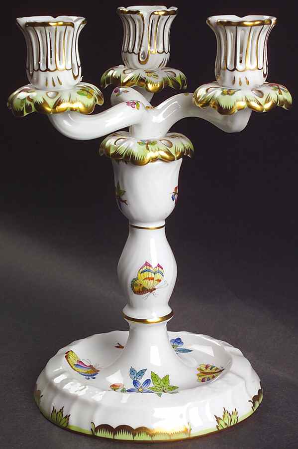 Queen Victoria (Green Border) 9" Three Light Candlestick (Uses a Candle Arm) by Herend-1
