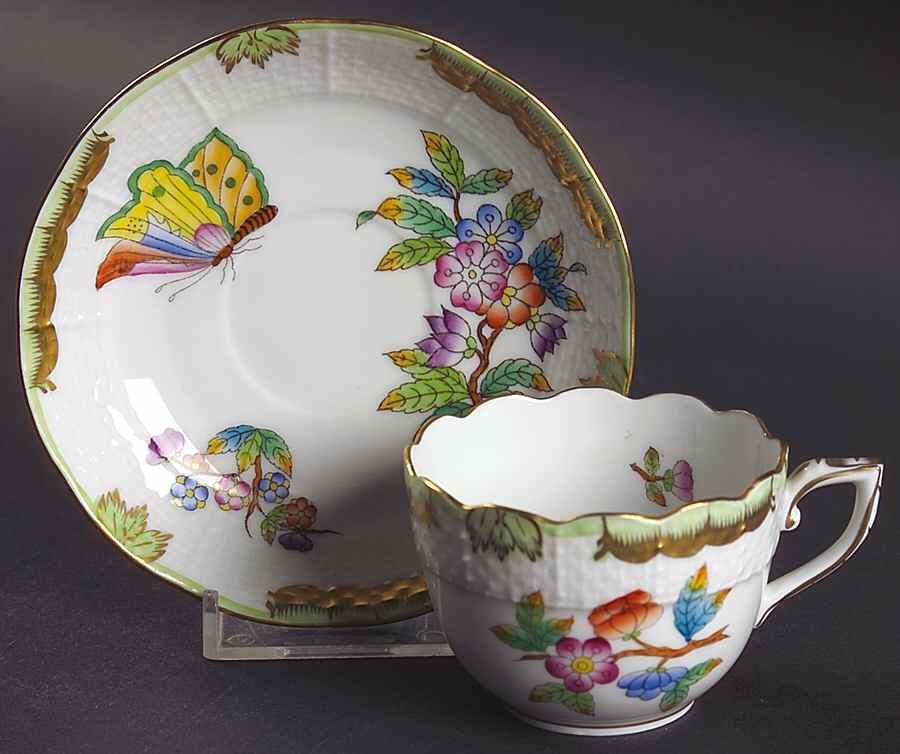 Queen Victoria (Green Border) Flat Demitasse Cup & Saucer Set by Herend-1