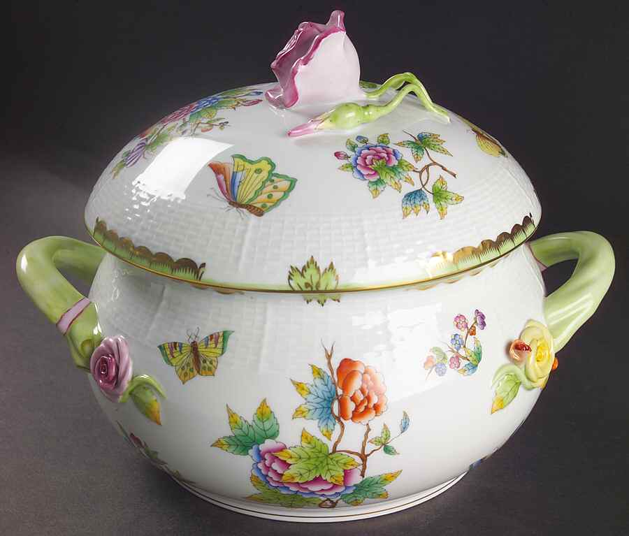 Queen Victoria (Green Border) Bean Pot & Lid by Herend-1