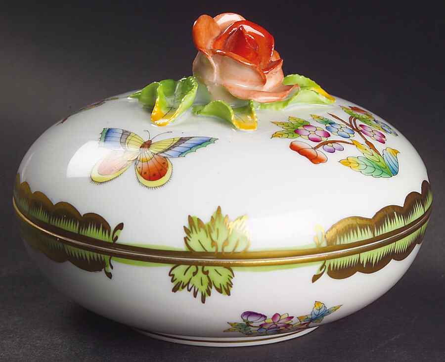Queen Victoria (Green Border) Bon Bon & Lid by Herend-1