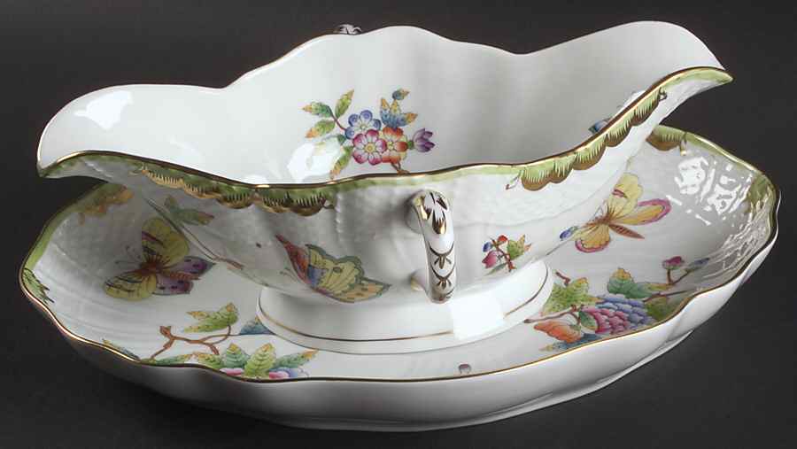 Queen Victoria (Green Border) Gravy Boat & Underplate by Herend-1