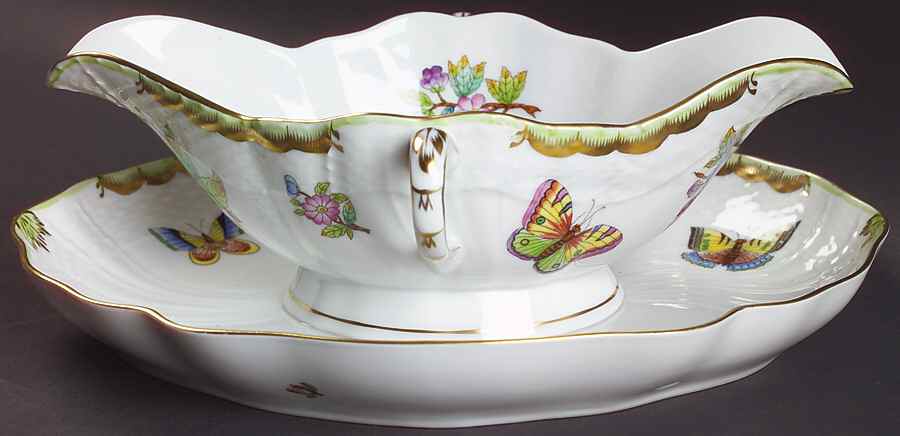 Queen Victoria (Green Border) Gravy Boat with Attached Underplate by Herend-1