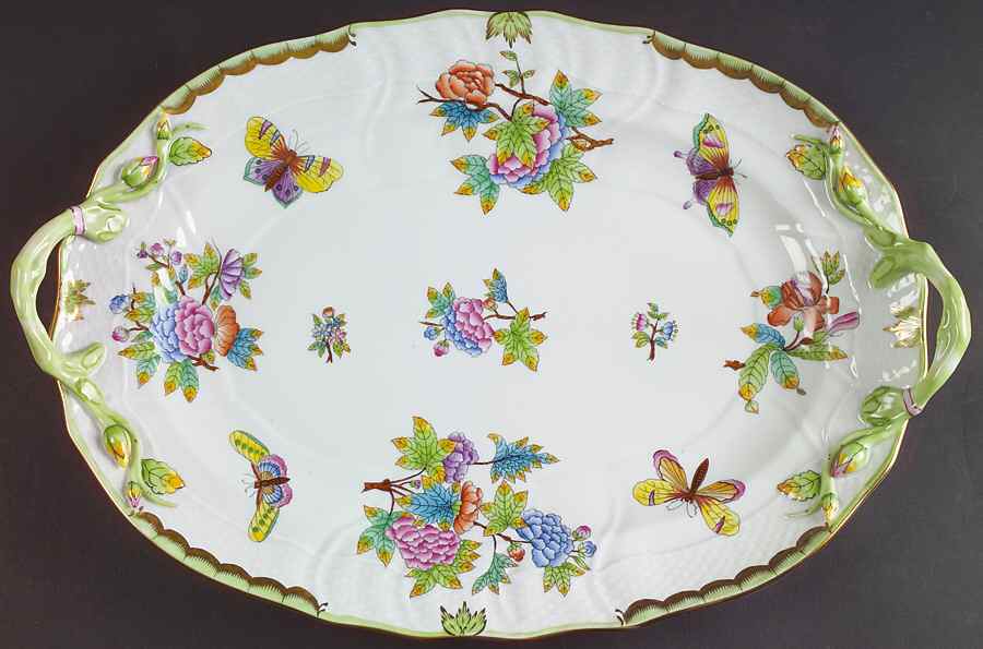 Queen Victoria (Green Border) 15" Oval Handled Platter by Herend-1