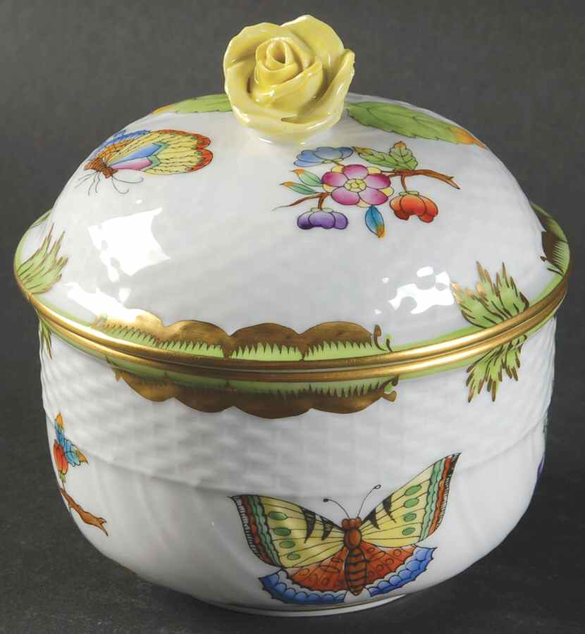 Queen Victoria (Green Border) Mini Sugar Bowl & Lid by Herend-1