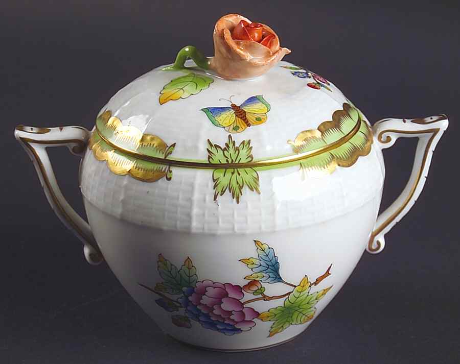 Queen Victoria (Green Border) Sugar Bowl & Lid by Herend-1