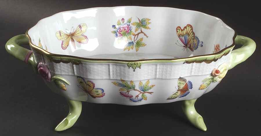 Queen Victoria (Green Border) 10" Oval 4-Toed Bowl by Herend-1