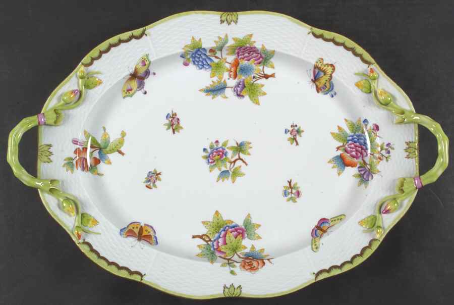 Queen Victoria (Green Border) 18" Oval Handled Platter by Herend-1