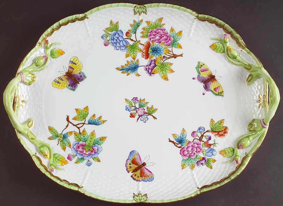 Queen Victoria (Green Border) 12" Oval Handled Tray by Herend-1