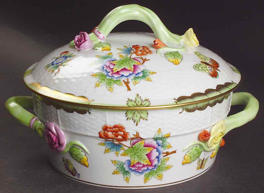 Queen Victoria (Green Border) Small Round Covered Vegetable by Herend-1