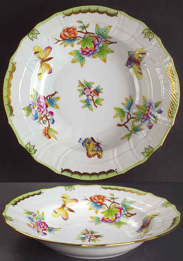 Queen Victoria (Green Border) Large Rim Soup Bowl by Herend-1