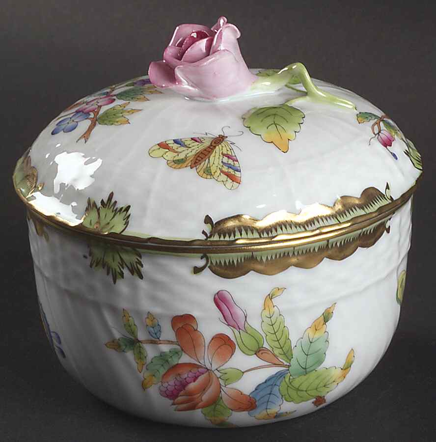 Queen Victoria (Green Border) Sugar Bowl & Lid by Herend-1
